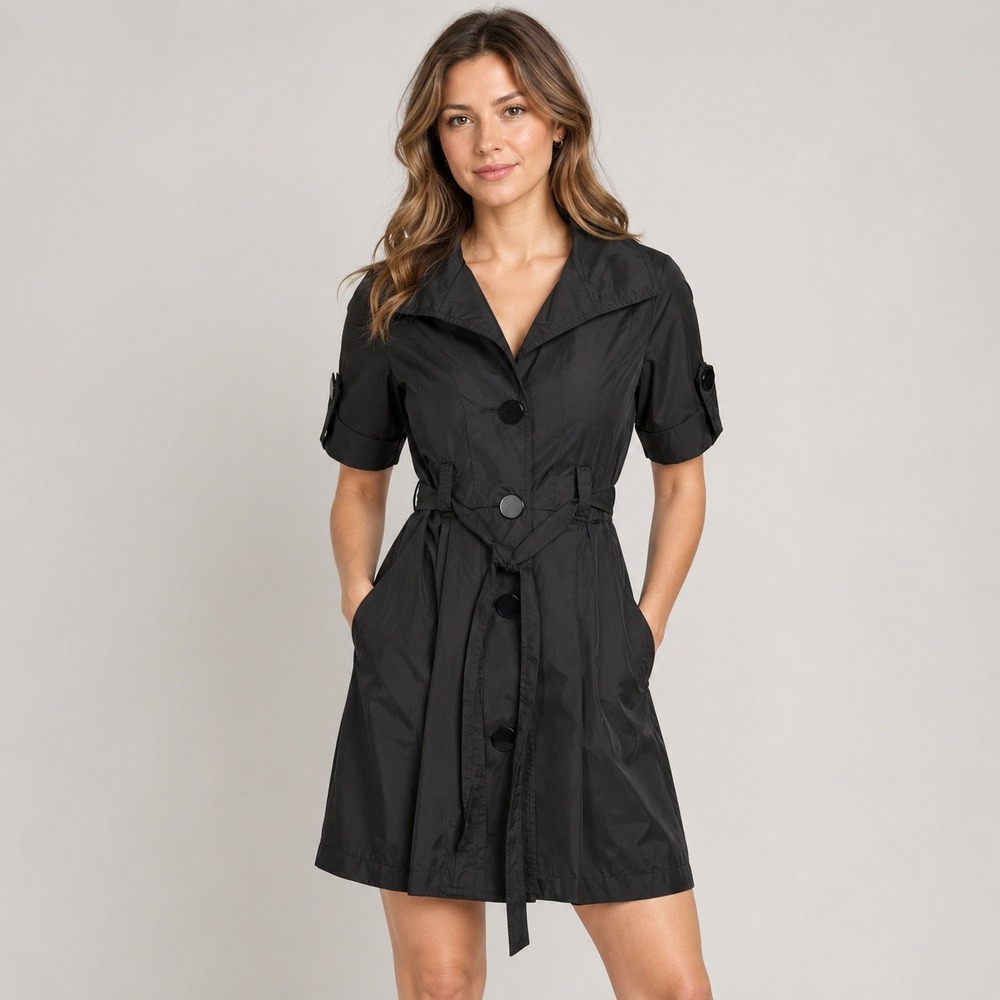Ambition Petite Black Belted Trench Coat Short Sleeve Women PS Jacket
